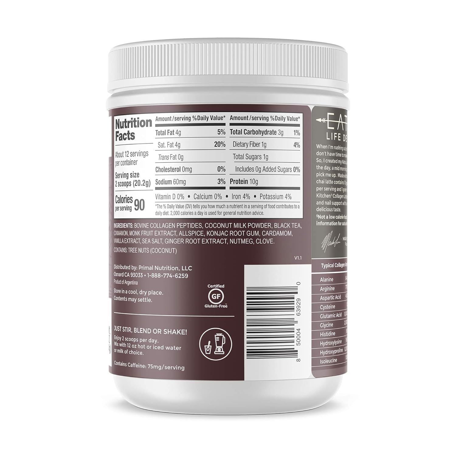 Primal Kitchen Chai Tea Collagen Keto Latte Powder, Ripe Chai Spice, 17.1 oz (Double Pack!)