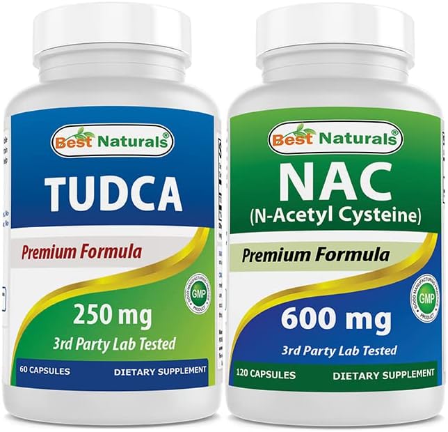 Best Naturals TUDCA 250mg 60 Capsules and NAC 600mg 120 Capsules Bundle - Liver Support & Detoxification Supplement Set - Antioxidant & Cellular Health Kit