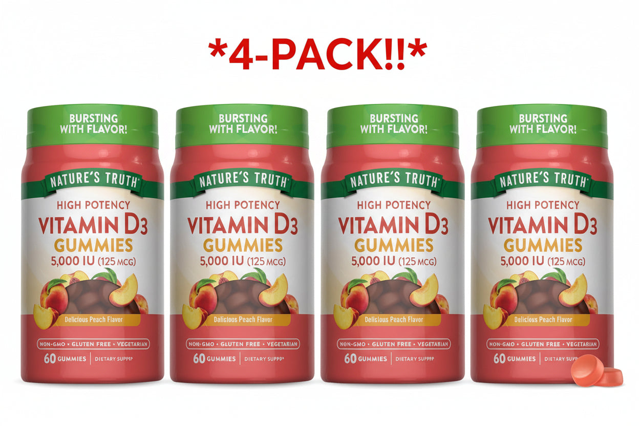 Nature's Truth Vitamin D3 Gummies 5000 IU  Natural Peach 60 Gummies 4Pack! 240 Gummies Total