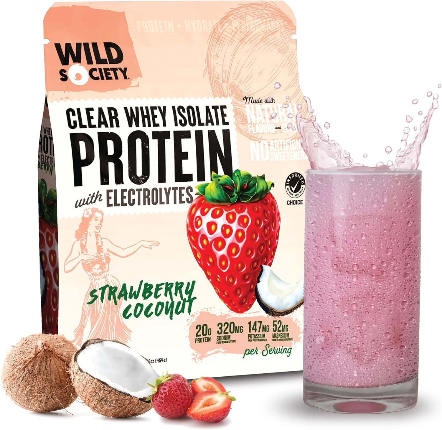 Wild Society Clear Protein Powder + Electrolytes (Strawberry Coconut, 16oz) | 20g Clear Whey Isolate | Zero Sugar Post Workout Drink