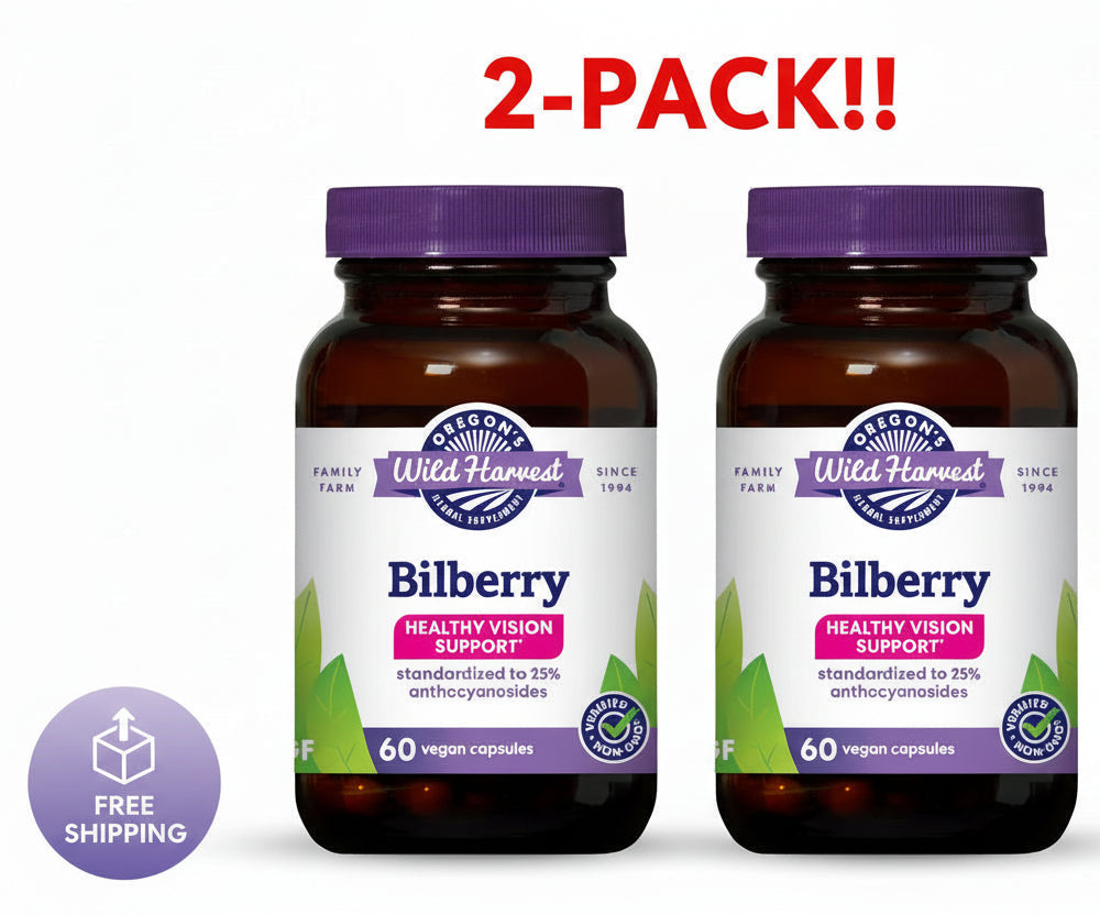Oregon's Wild Harvest Bilberry Herbal Supplement 2-Pack - 880 mg Antioxidant Eye Support - Two 60-Count Bottles (120 Vegan Capsules Total)
