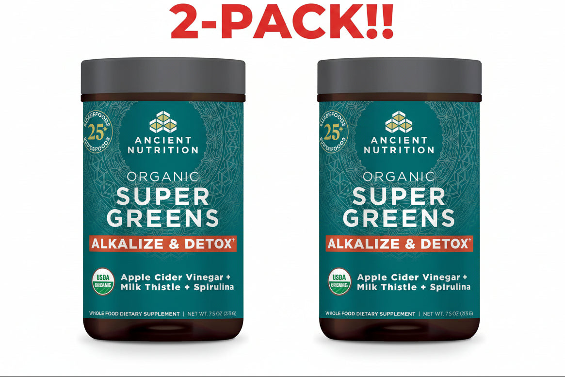 Ancient Nutrition Supergreens Alkalize & Detox Powder, 25 Servings (7.5 oz) - Double Pack! (50 Servings Total) (Plus Available DISCOUNTS!!)
