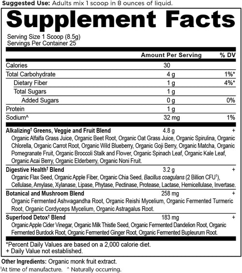 Ancient Nutrition Supergreens Alkalize & Detox Powder, 25 Servings (7.5 oz) - Double Pack! (50 Servings Total) (Plus Available DISCOUNTS!!)