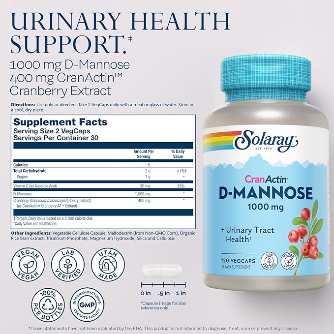 Solaray D-Mannose 1000mg with CranActin Cranberry AF Extract, 120 VegCaps, Urinary Tract and Bladder Health Supplement with Vitamin C, Vegan