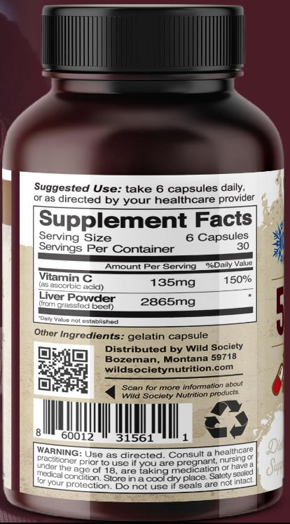 Wild Society USA Grass Fed Beef Liver Capsules – 3000mg Max Strength Superfood for Energy & Detox (180 Desiccated Capsules, Unflavored)