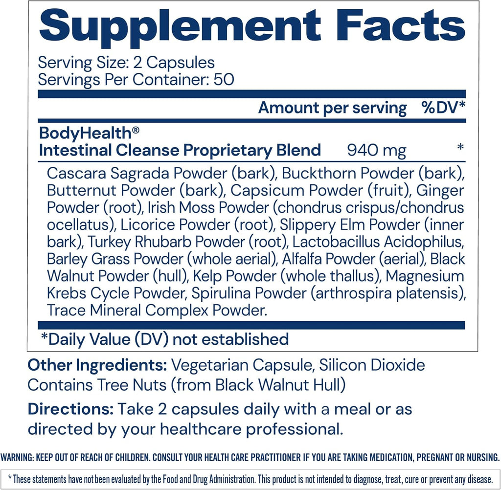 BodyHealth Intestinal Cleanse & Colon Detox, 100 Capsules 2 Pack! (200 capsules) Total