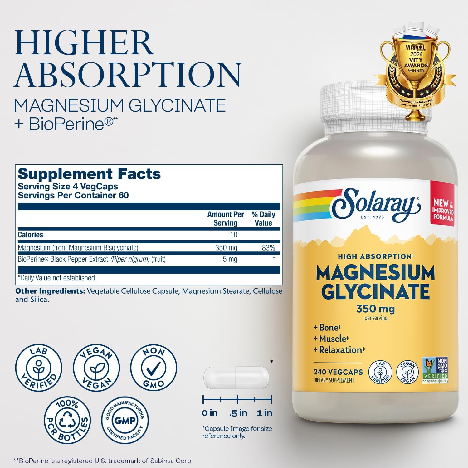 Solaray Magnesium Glycinate 350mg, 240 Vegetable Capsules (60 Servings) – High Absorption Bisglycinate Plus Available DISCOUNTS!!