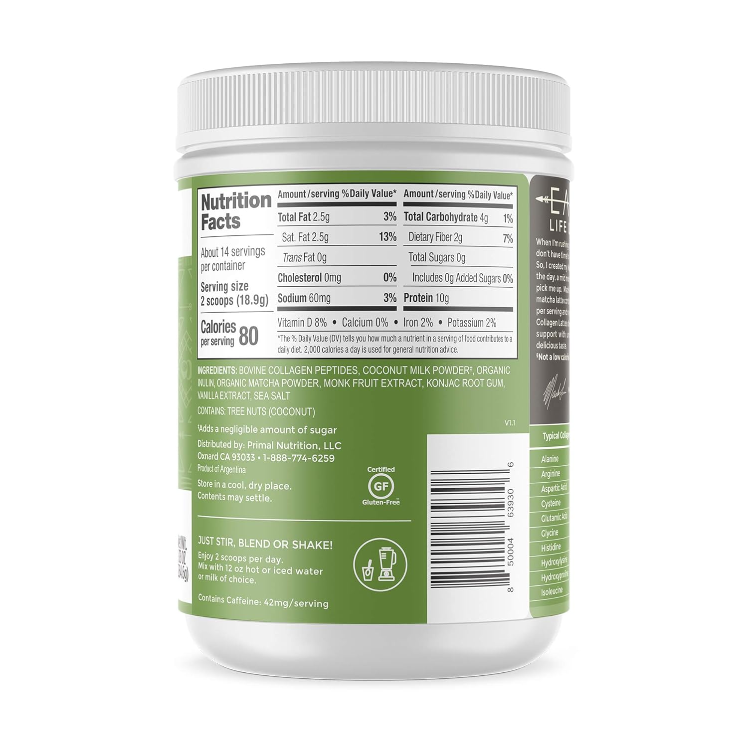 Primal Kitchen Matcha Collagen Keto Latte Powder, 9.33 oz (Approx. 18 Servings) – Plus Available DISCOUNTS!!