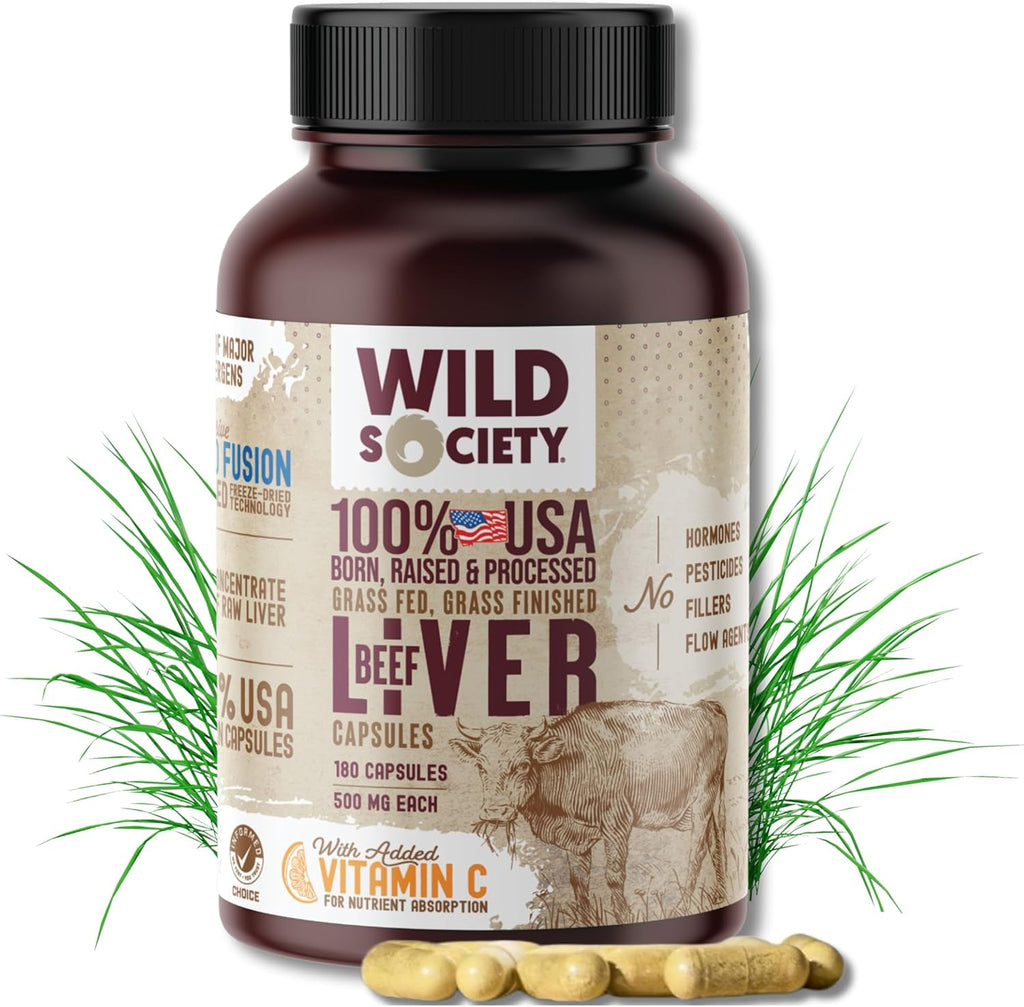 Wild Society USA Grass Fed Beef Liver Capsules – 3000mg Max Strength Superfood for Energy & Detox (180 Desiccated Capsules, Unflavored)