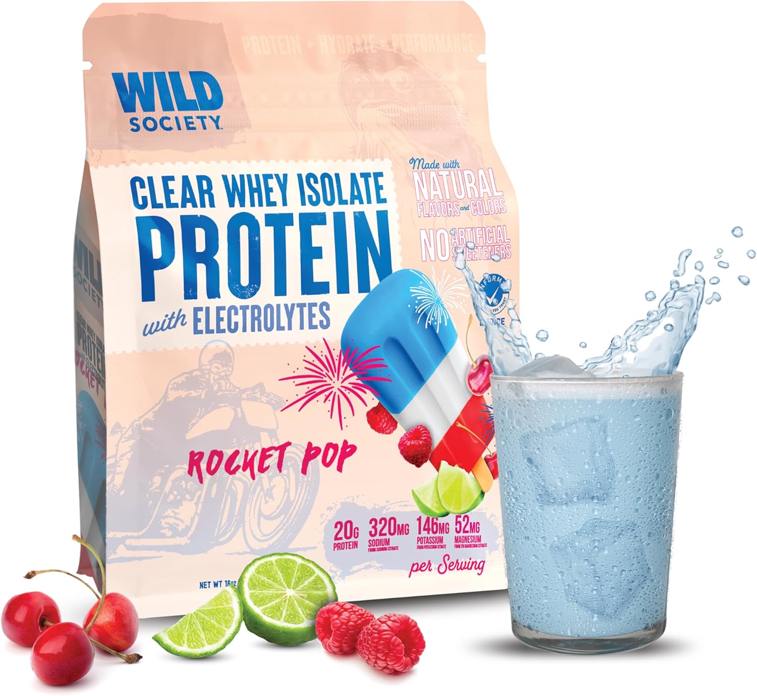 Wild Society Clear Protein Powder + Electrolytes (Rocket Pop, 16 oz) | 20g Clear Whey Isolate | Zero Sugar Post Workout Drink