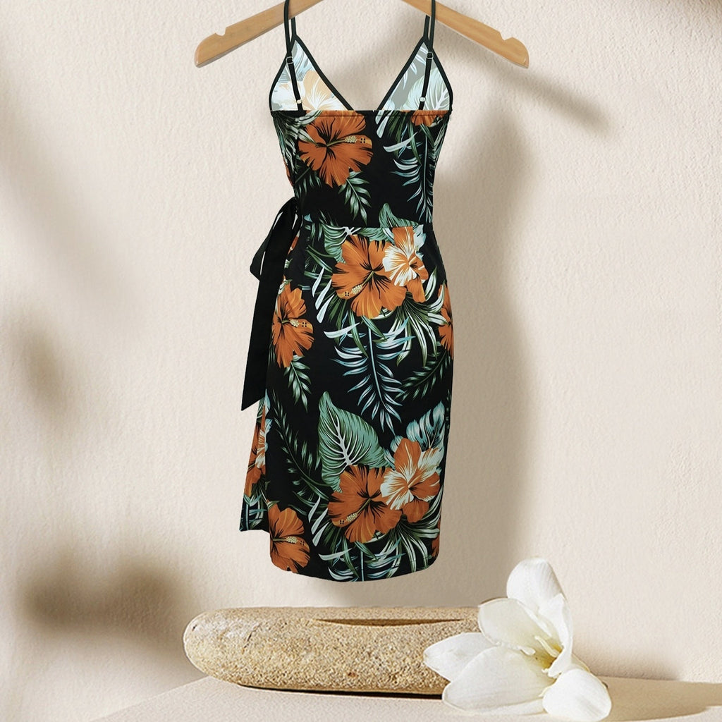 Women's V-neck Lace Up Plant Print Off Shoulder Versatile Dress