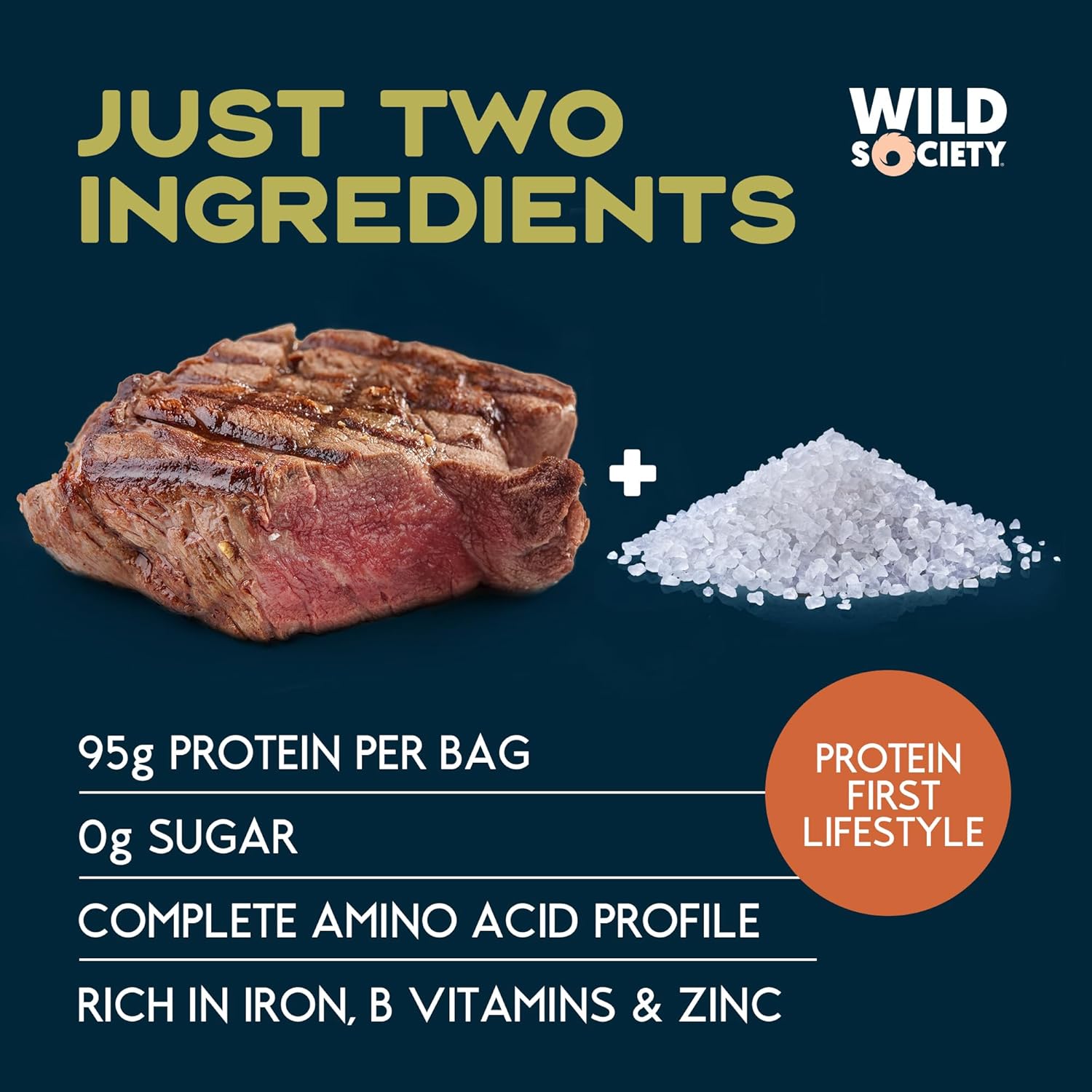 Wild Society Caveman Eats - Air Dried Grass-Fed Beef Steak Slices (5oz) | 95g Protein | Carnivore Beef Jerky Cris