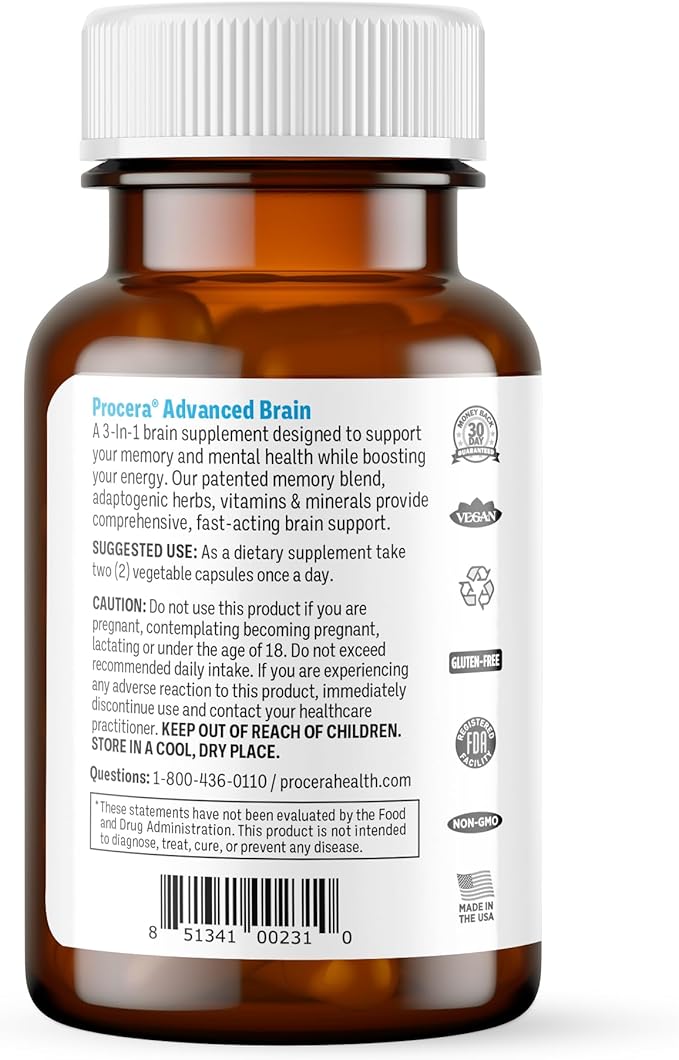 Procera Advanced Brain Supplement (Unflavored), 120 Total Capsules - Fast-Acting Memory, Focus & Clarity - 2 Pack Value
