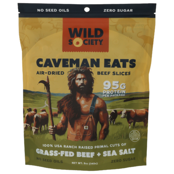 Wild Society Caveman Eats - Air Dried Grass-Fed Beef Steak Slices (5oz) | 95g Protein | Carnivore Beef Jerky Cris