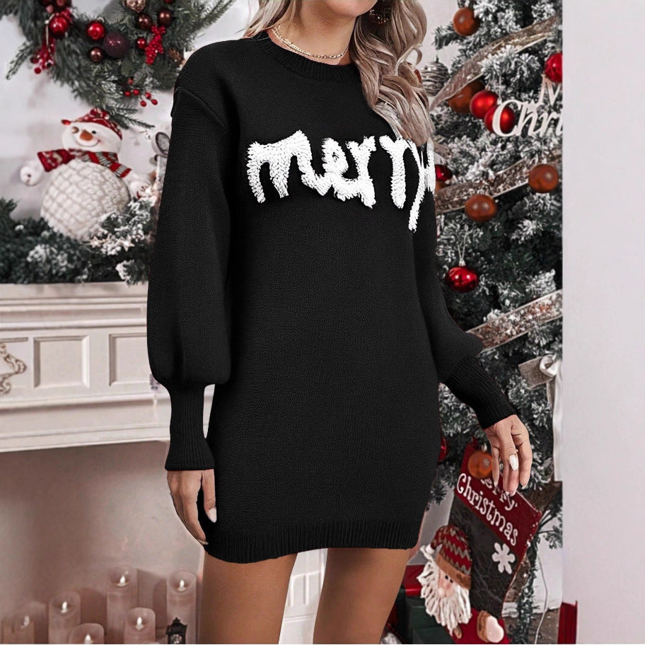 Women’s Knitted Round Neck Lantern-Sleeve Pullover Sheath Dress