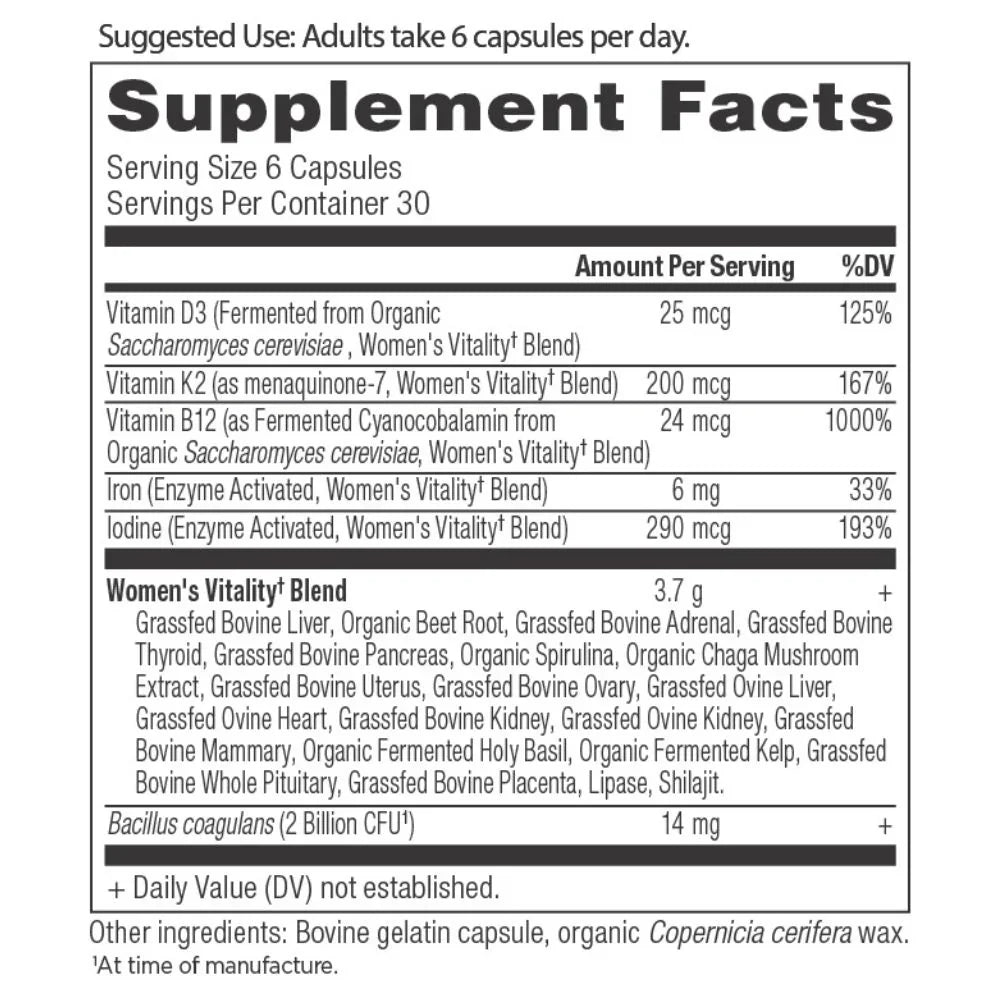 Ancient Nutrition Women’s Vitality Supplement - 180 Count - Grass-Fed Bovine Liver with Adrenal & Thyroid Support - Traditional Superfood Formul