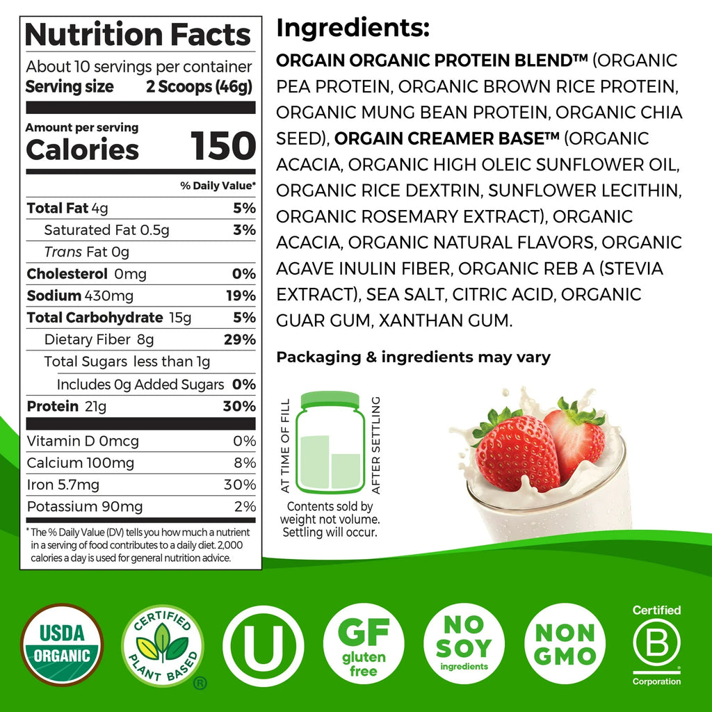 Orgain Organic Vegan Protein Powder (16.3 Oz Each) 2 Pack! - Strawberries & Cream | 21g Plant-Based Protein