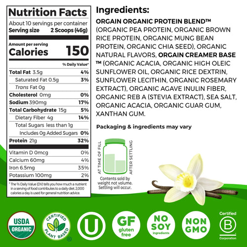 Best Value 2-Pack! Organic Vanilla Bean Plant Protein Powder - 21g 16.3 oz Each, Clean, Complete Vegan Protein