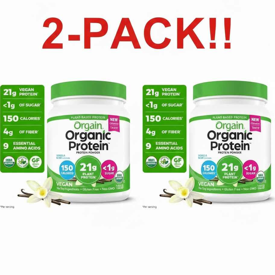 Best Value 2-Pack! Organic Vanilla Bean Plant Protein Powder - 21g 16.3 oz Each, Clean, Complete Vegan Protein