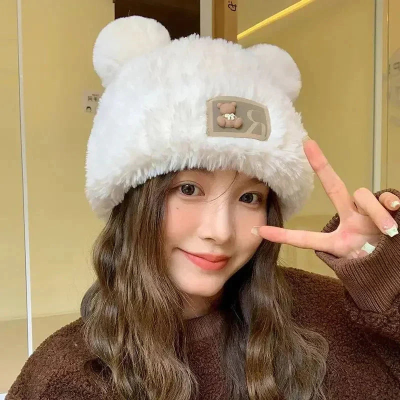 Letter Bear Ears Knitted Woolen Hat – Cute Cat-Ears Beanie for Women