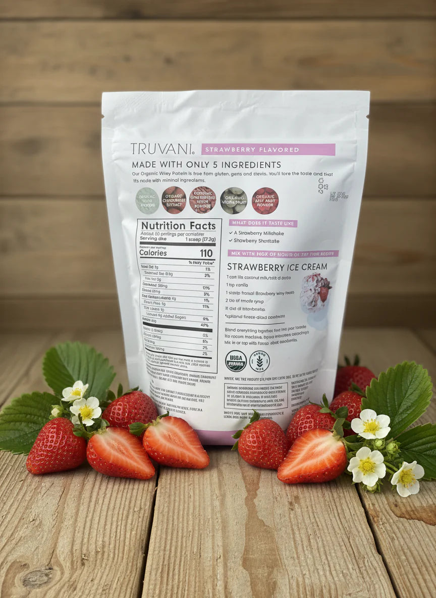 Truvani Organic Strawberry Whey Protein Powder 2-Pack - (40 Servings Total) 20g Grass-Fed Protein, USDA Organic, Stevia-Free
