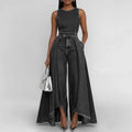 Crew-neck Sleeveless Casual Loose-fit Wide-leg Denim Jumpsuit
