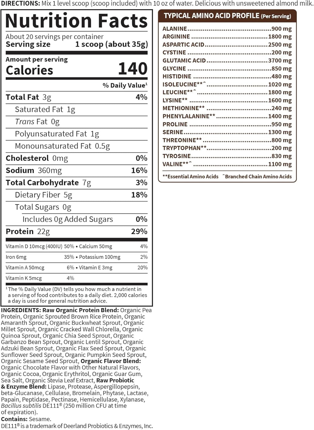 Garden of Life Raw Organic Vegan Protein Chocolate 24.69 oz 1.54 lbs