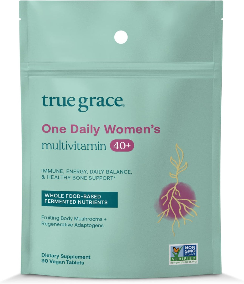 True Grace One Daily Women’s 40+ Multivitamin - Fermented, Adaptogens & Mushrooms for Energy, Immune & Bone Support (90 Vegan Tablets