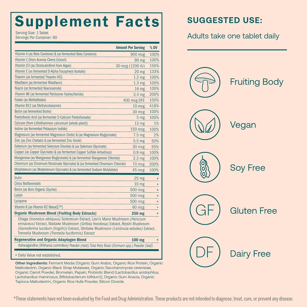 True Grace One Daily Women’s 40+ Multivitamin - Fermented, Adaptogens & Mushrooms for Energy, Immune & Bone Support (90 Vegan Tablets