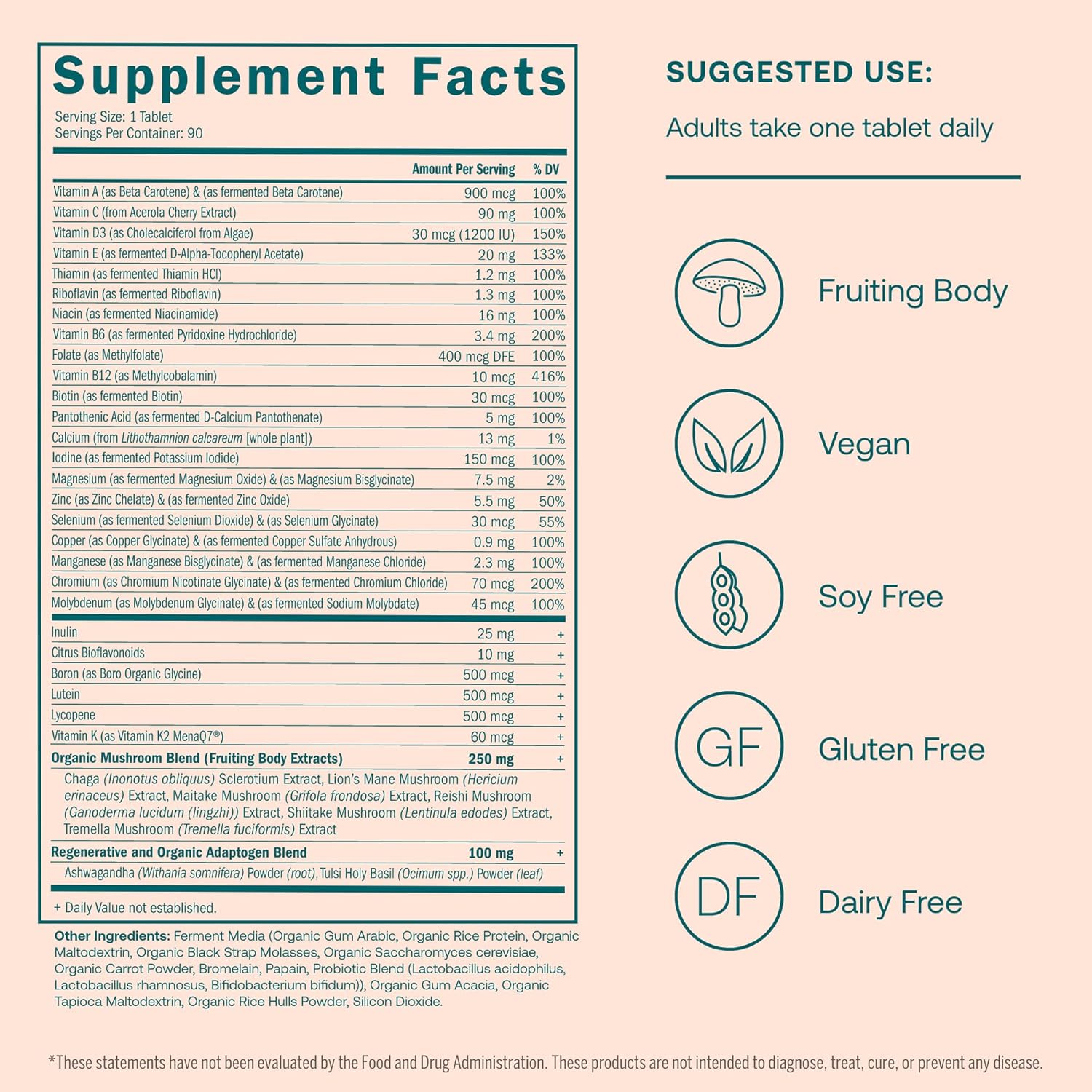 True Grace One Daily Women’s 40+ Multivitamin - Fermented, Adaptogens & Mushrooms for Energy, Immune & Bone Support (90 Vegan Tablets