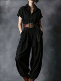 Notched Lapel Wide-Leg Checkered Jumpsuit for Women