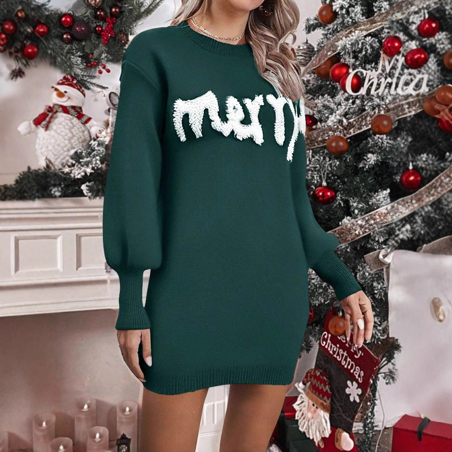 Women’s Knitted Round Neck Lantern-Sleeve Pullover Sheath Dress