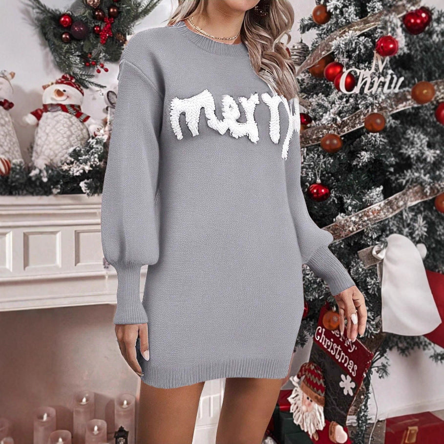 Women’s Knitted Round Neck Lantern-Sleeve Pullover Sheath Dress