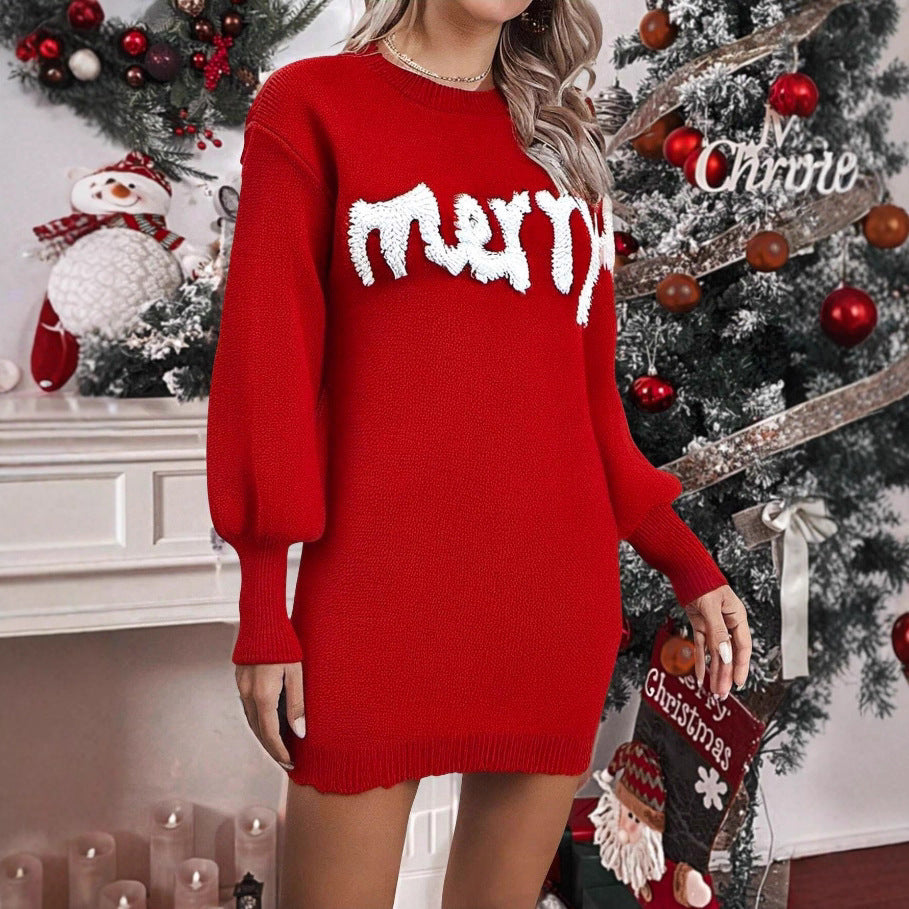 Women’s Knitted Round Neck Lantern-Sleeve Pullover Sheath Dress