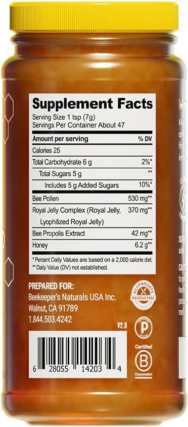 Beekeeper's Naturals B.Powered Superfood Honey - 11.6 oz - Royal Jelly, Bee Pollen, Propolis - Natural Energy and Immune Support