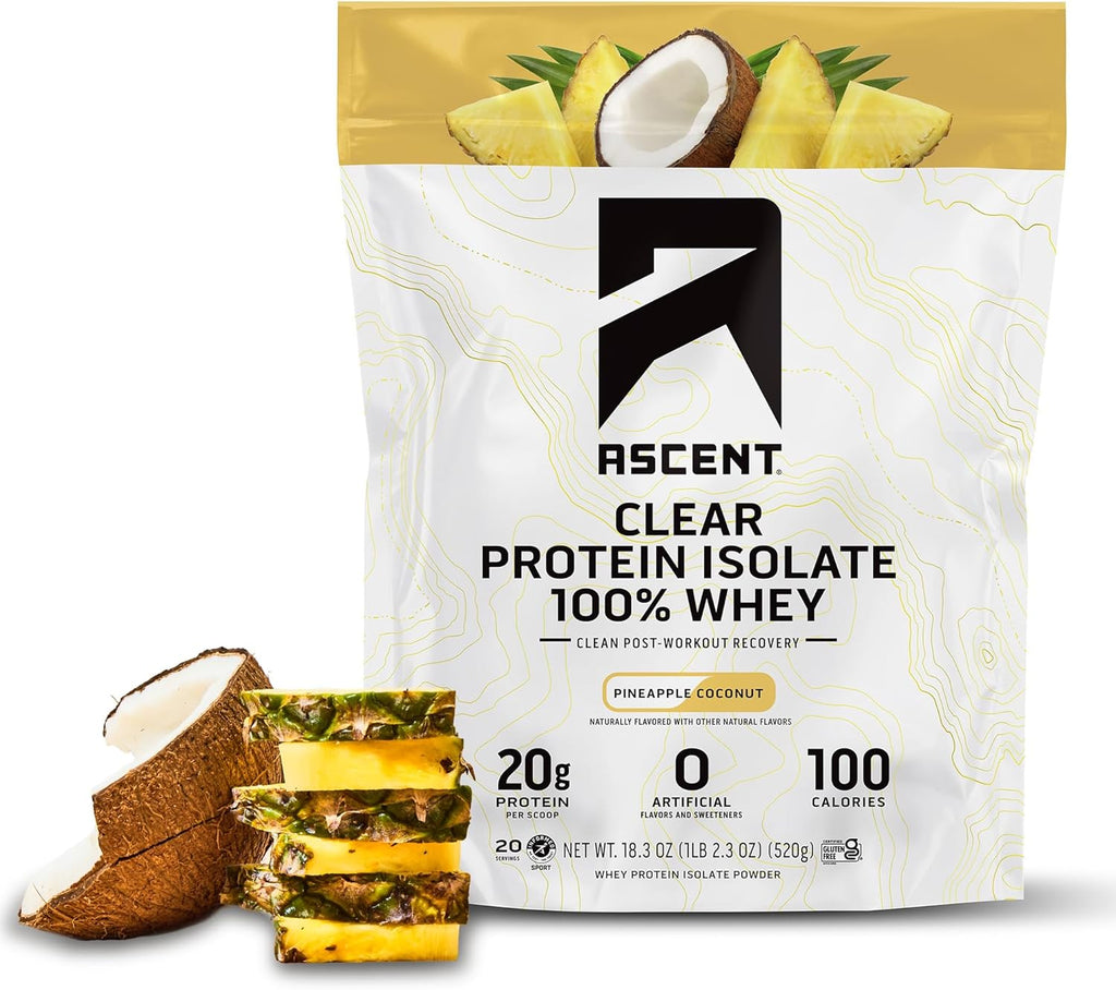 Ascent 100% Clear Whey Protein Powder - Pineapple Coconut (20 Servings) - Clean Post-Workout Whey Isolate with 5.5g BCAAs & Zero Artificial Ingredients