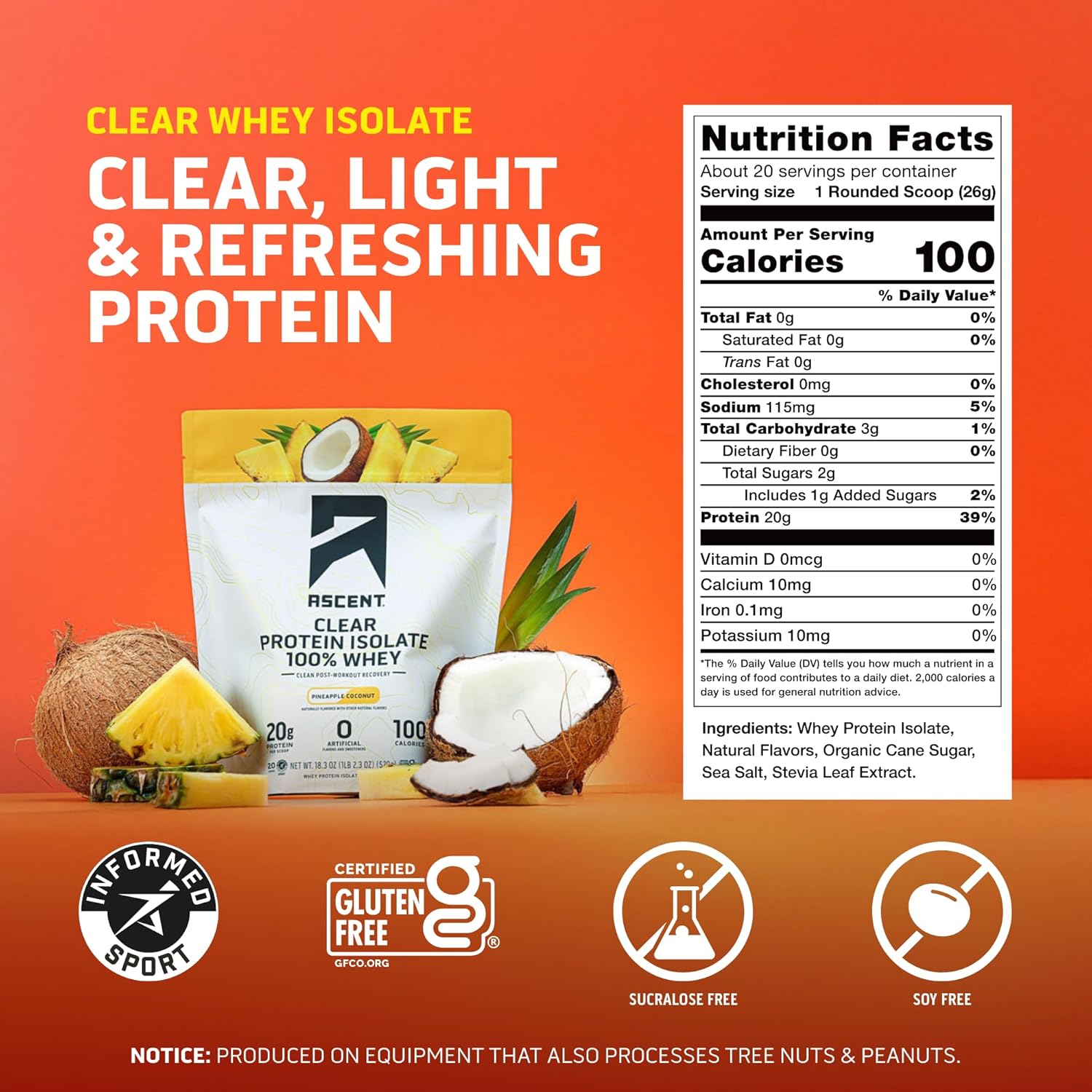 Ascent 100% Clear Whey Protein Powder - Pineapple Coconut (20 Servings) - Clean Post-Workout Whey Isolate with 5.5g BCAAs & Zero Artificial Ingredients