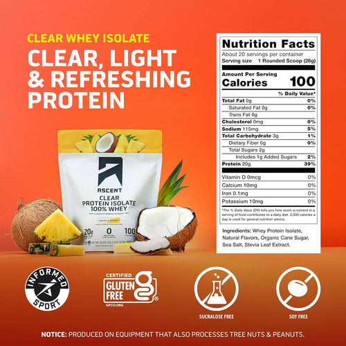 Ascent 100% Clear Whey Protein Powder - Pineapple Coconut (20 Servings) - Clean Post-Workout Whey Isolate with 5.5g BCAAs & Zero Artificial Ingredients