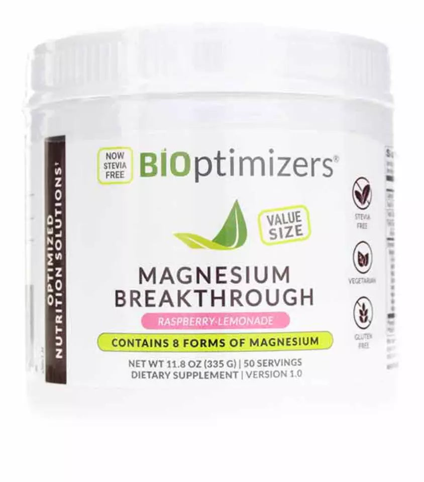BiOptimizers Magnesium Breakthrough Powder - Raspberry Lemonade Flavor (8 Forms of Magnesium, 11.08 Oz)