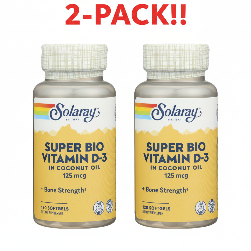 Solaray Super Bio Vitamin D-3 (D3) in Coconut Oil - Max Absorption Immune & Bone Support (2 Pack: 240 Softgels)