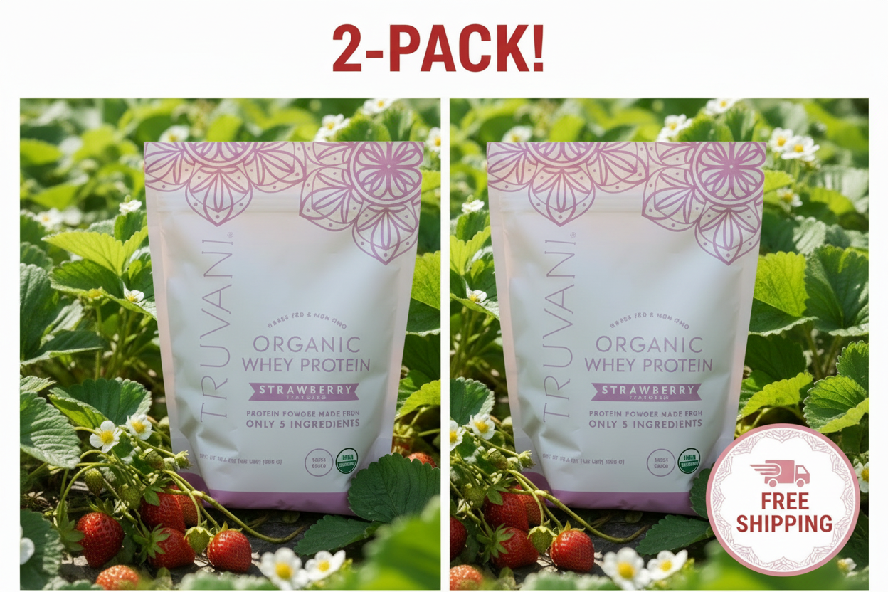 Truvani Organic Strawberry Whey Protein Powder 2-Pack - (40 Servings Total) 20g Grass-Fed Protein, USDA Organic, Stevia-Free