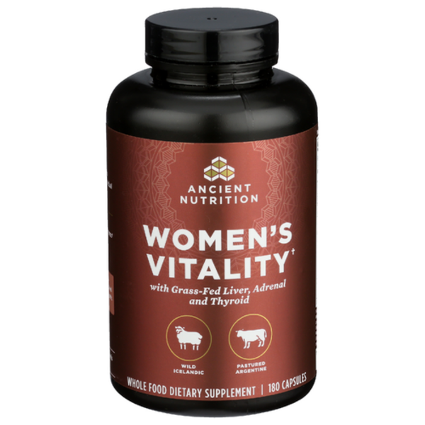 Ancient Nutrition Women's Vitality | Grass-Fed Liver, Adrenal & Thyroid Support | Hormone & Energy Balance | 180 Capsules
