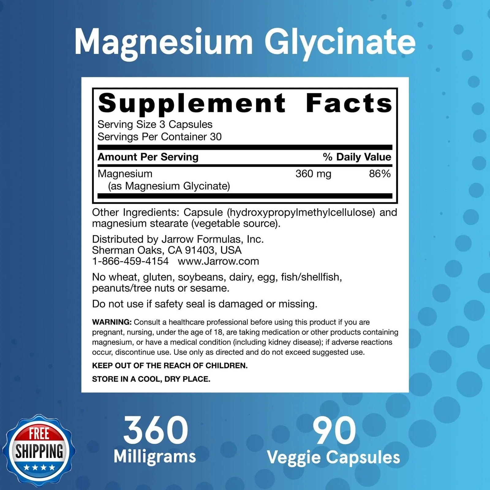 Jarrow Formulas Magnesium Glycinate 90 Veggie Capsules 2Pack! 180 Capsules Total