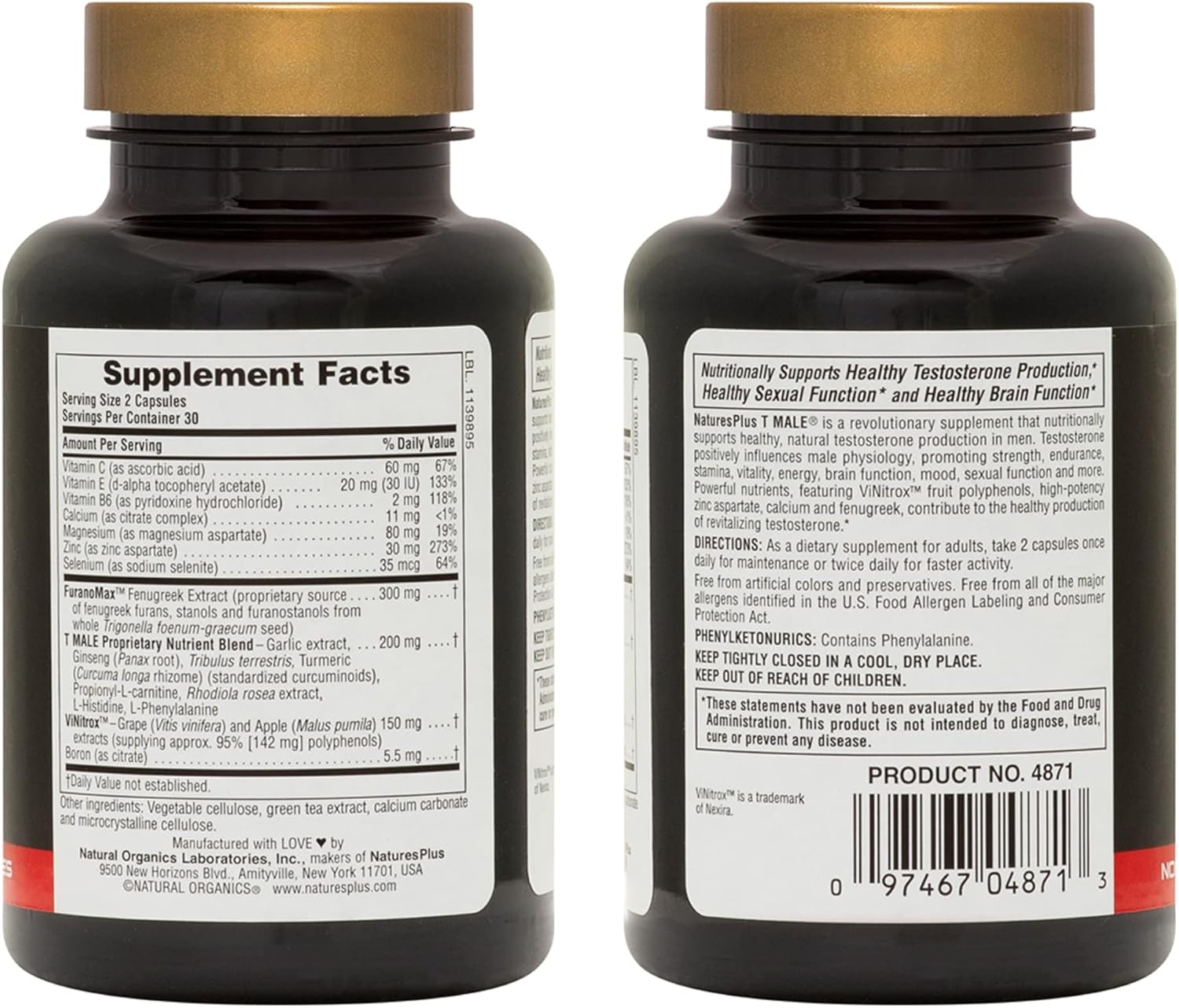 NaturesPlus T Male Testosterone Boost Unflavored 60 Vegetarian Capsules
