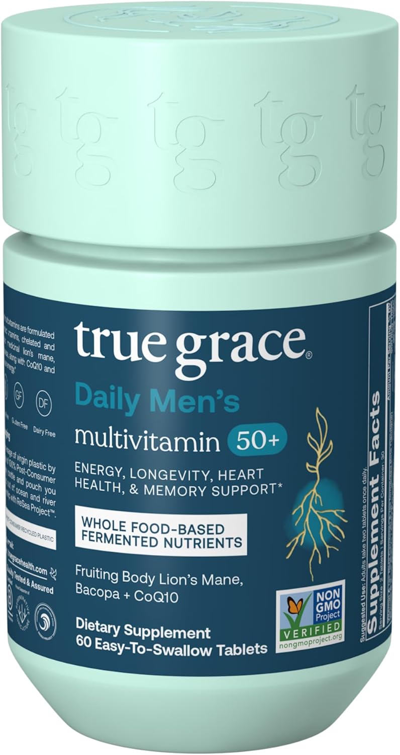 True Grace Daily Men’s Multivitamin 50+ - 60 Easy-to-Swallow Tablets (30 Servings) - Whole Food Nutrients for Immune, Energy, Longevity & Memory Support