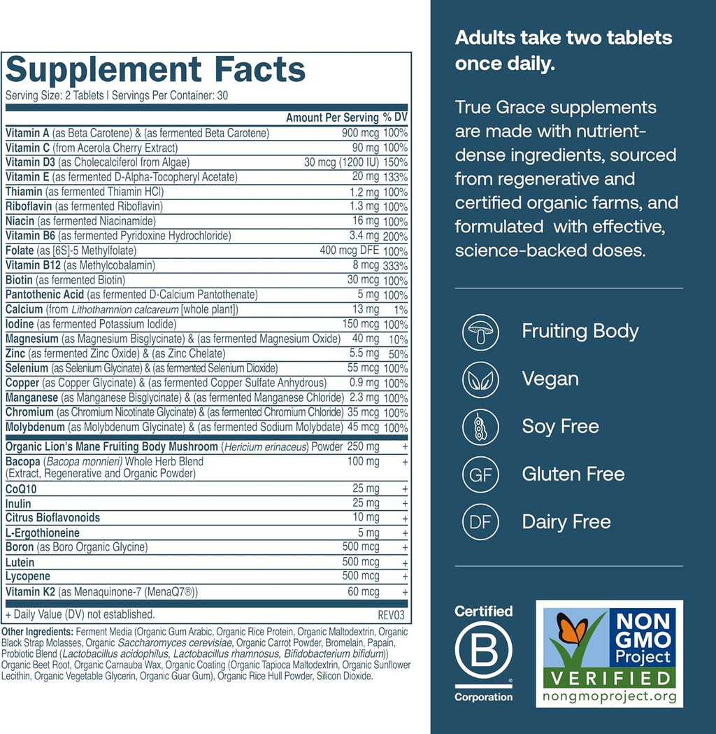 True Grace Daily Men’s Multivitamin 50+ - 60 Easy-to-Swallow Tablets (30 Servings) - Whole Food Nutrients for Immune, Energy, Longevity & Memory Support