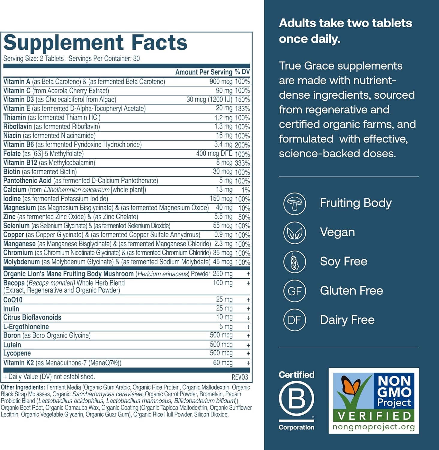 True Grace Daily Men’s Multivitamin 50+ Double Pack! - 120 Easy-to-Swallow Tablets (60-Day Supply) - Whole Food Nutrients for Immune, Energy, Longevity & Memory Support
