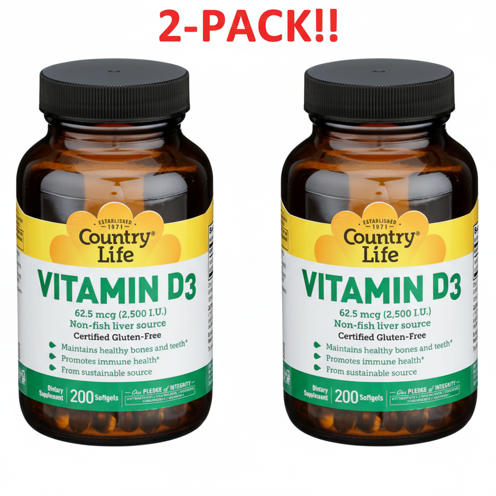 Country Life Vitamin D3 200ct  2Pack!  400 Softgels Total