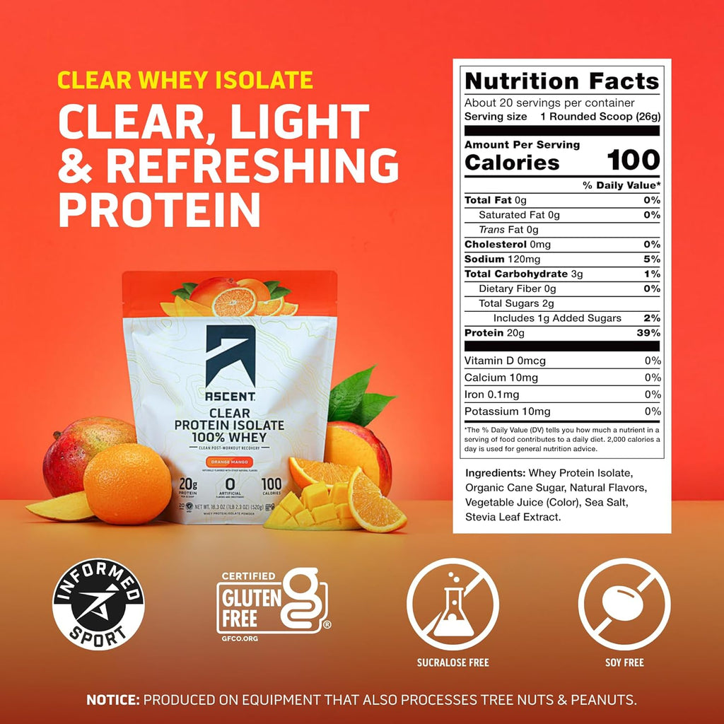 Ascent 100% Clear Whey Protein Powder - Orange Mango (20 Servings, 520g) - Clean Post-Workout Whey Isolate with 5.5g BCAAs & Zero Artificial Ingredients