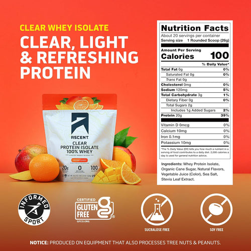 Ascent 100% Clear Whey Protein Powder - Orange Mango (20 Servings, 520g) - Clean Post-Workout Whey Isolate with 5.5g BCAAs & Zero Artificial Ingredients